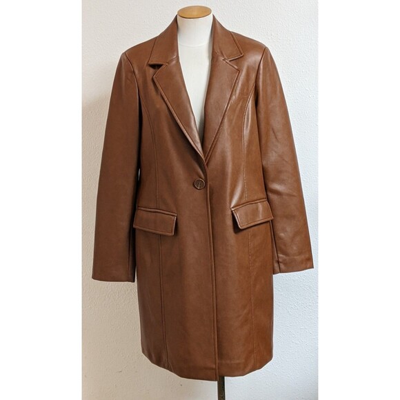 With The Girls By Avec Les Filles Brown Faux Leather Vegan Trench Coat Size M - Picture 2 of 13